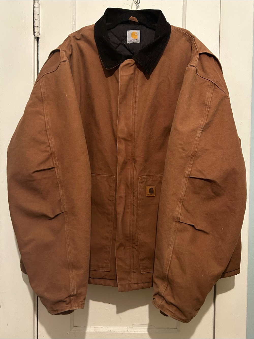 Vintage 90s Carhartt Brown Duck Work Jacket with Black Corduroy Collar Size 3XL